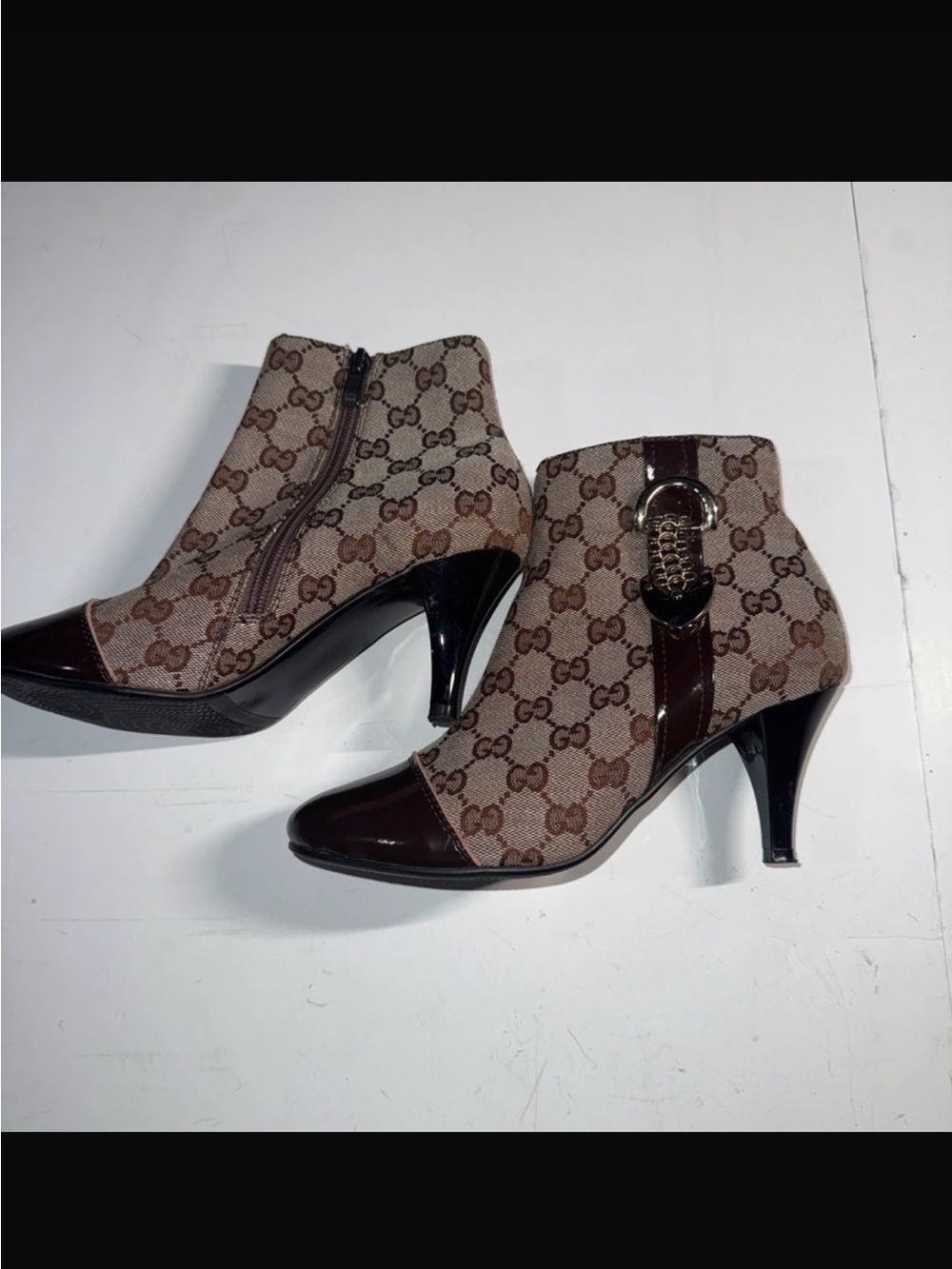 Gucci Brown Monogram Patent Toe Ankle Booties